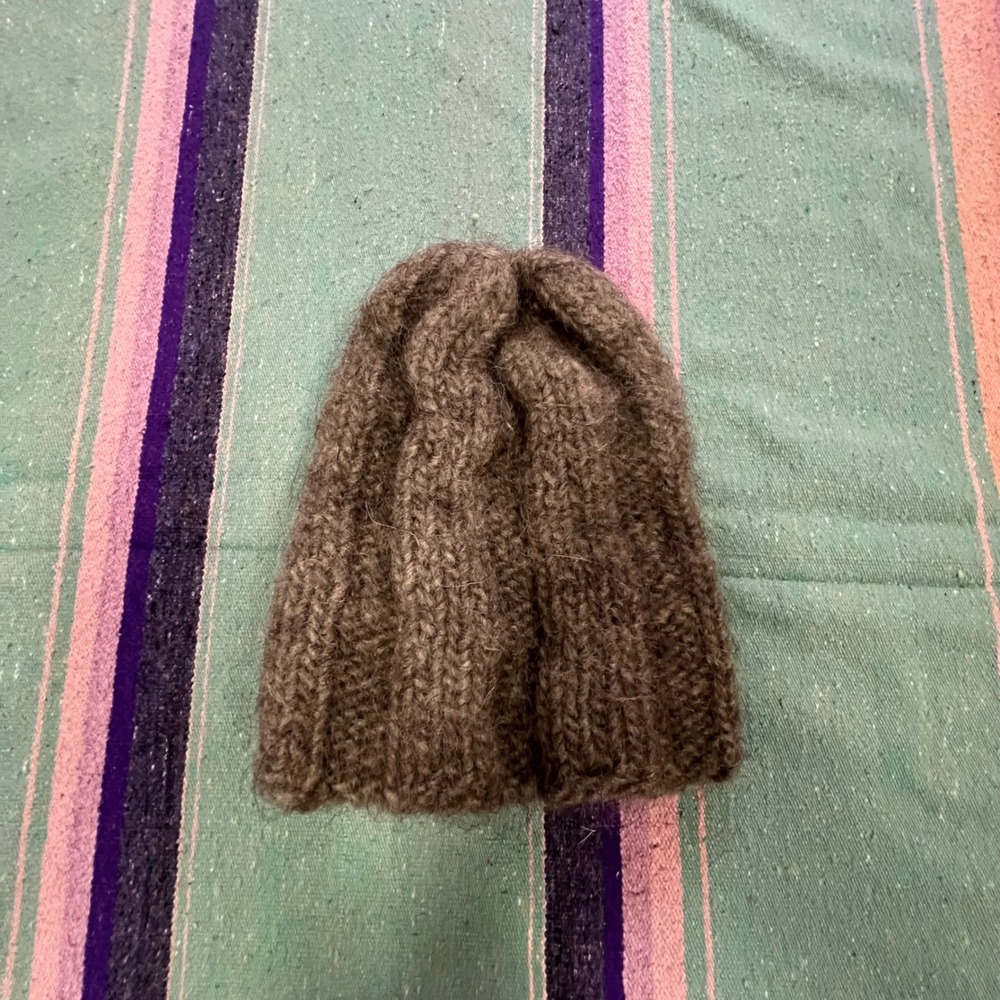 Knit Beanie Unisex OS Olive Brown Ribbed Fuzzy Slouchy Winter Hat